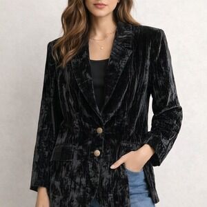 Express Vintage Velvet Blazer Women S Black Whimsigoth Crushed Longline Jacket